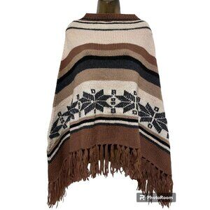 Vintage Handmade Poncho XL Southwestern Western Fringed Striped Cape Snow Stars